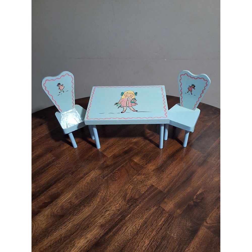 Vintage Hand Painted Wooden Doll Table and Chairs Set Light Blue Folk Art 3pc